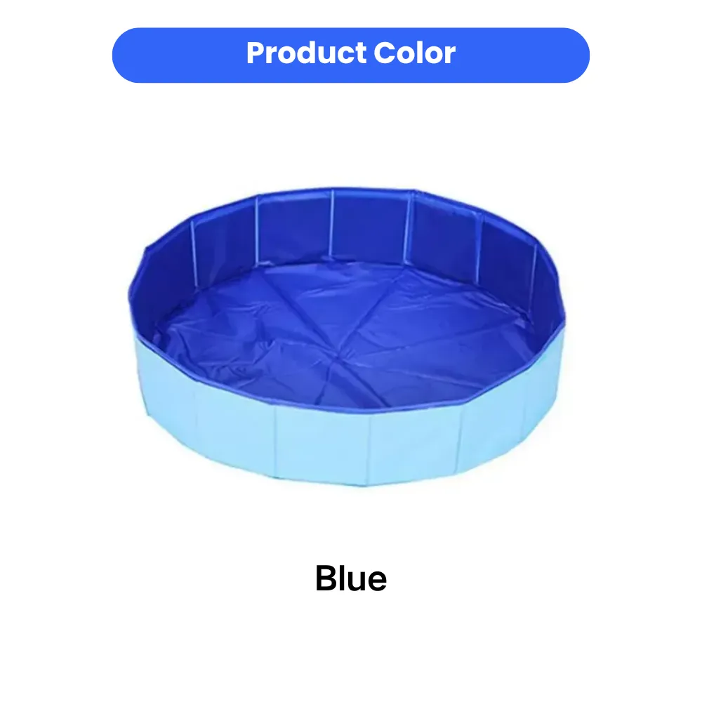 High-angle view of a circular blue foldable pet swimming pool showing the interior and exterior color contrast.