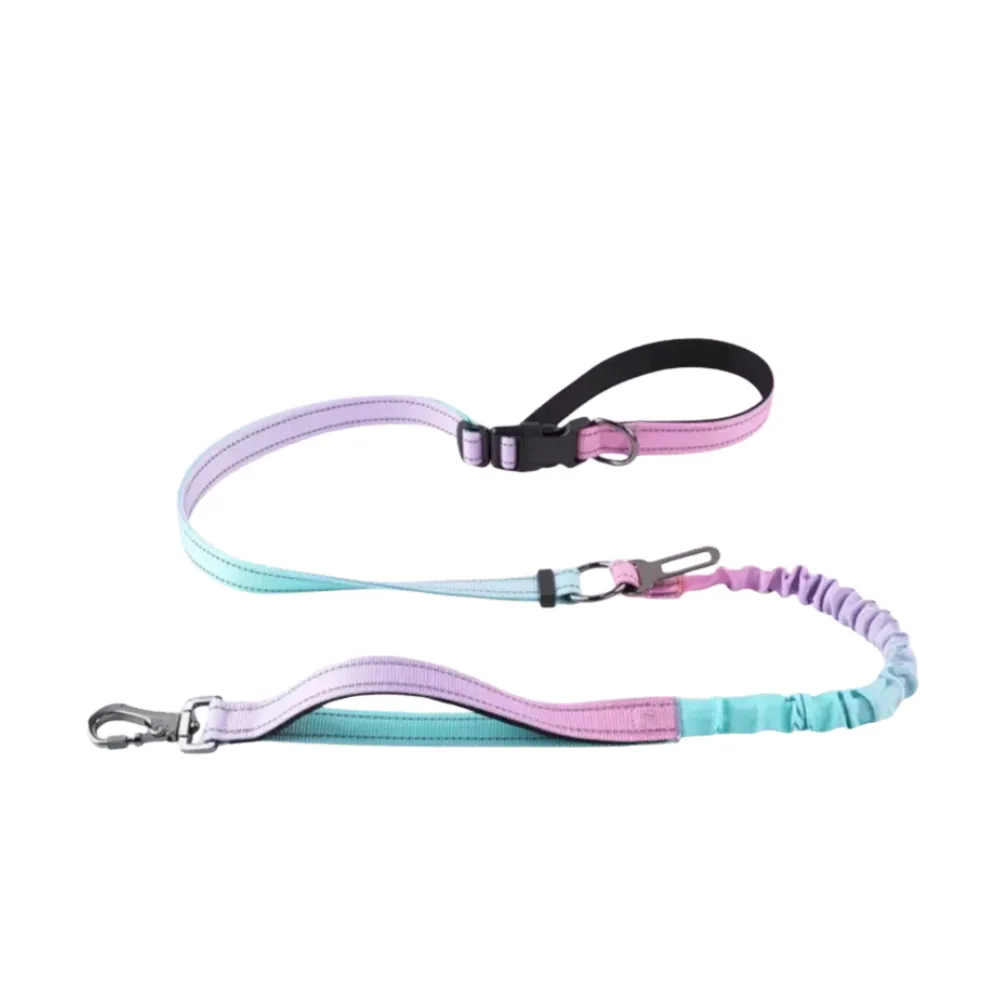 Detailed view of the Blue Pink gradient dog leash showing the 360-degree rotating metal hook and elastic section.