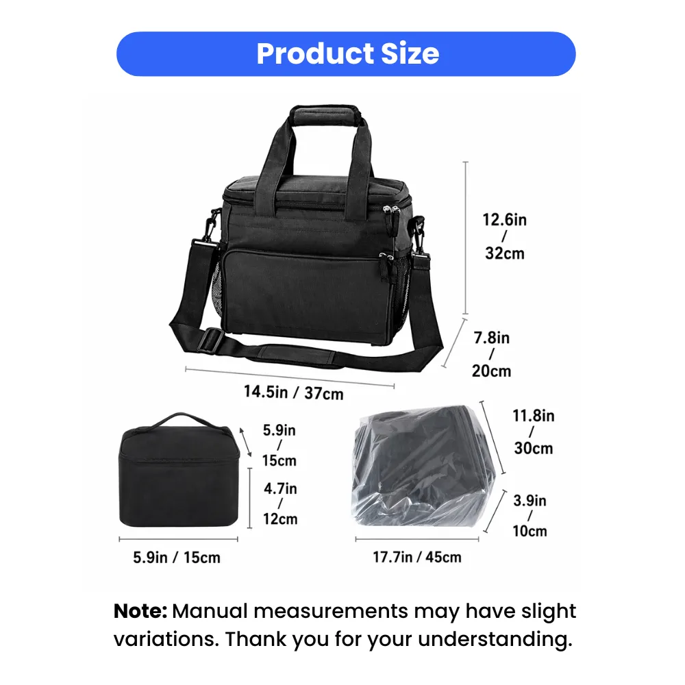 Technical diagram showing the dimensions of the dog travel bag, food containers, and its folded state in inches and centimeters.