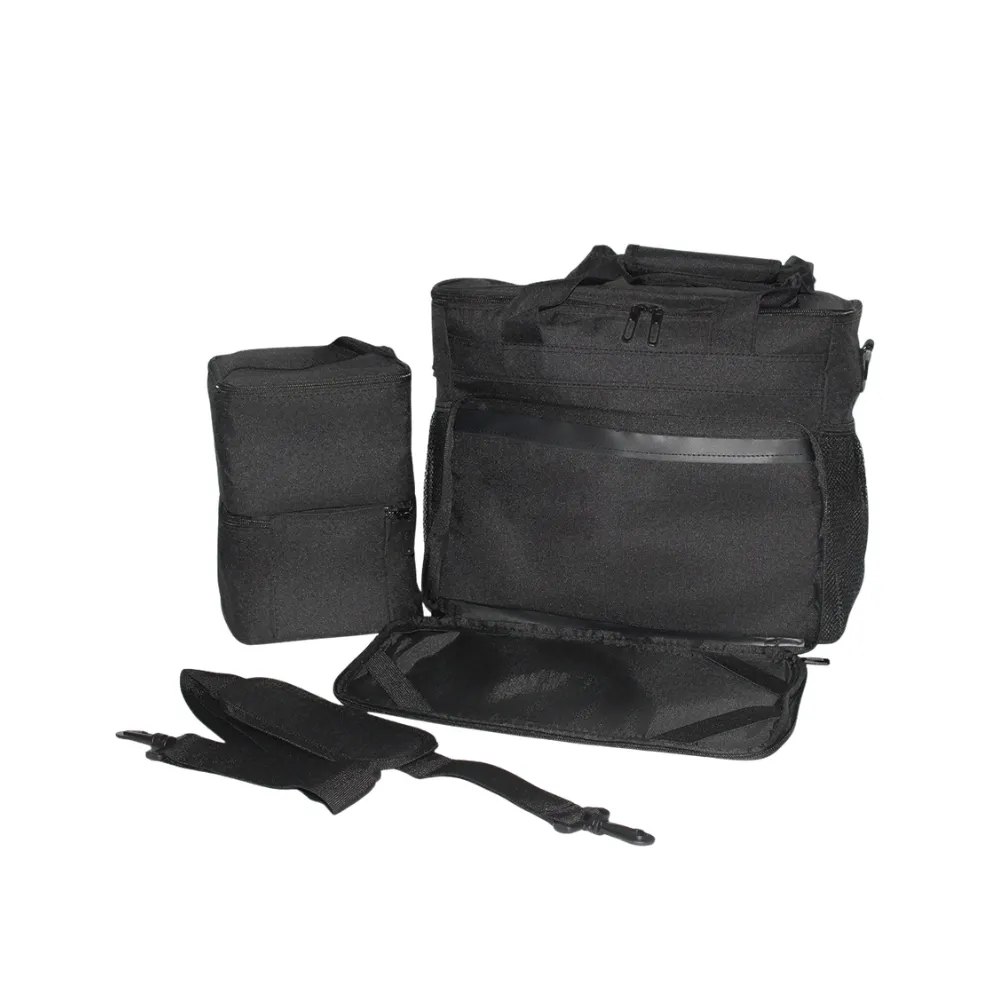 High-quality black dog travel bag set including two food containers and a detachable shoulder strap on a white background.