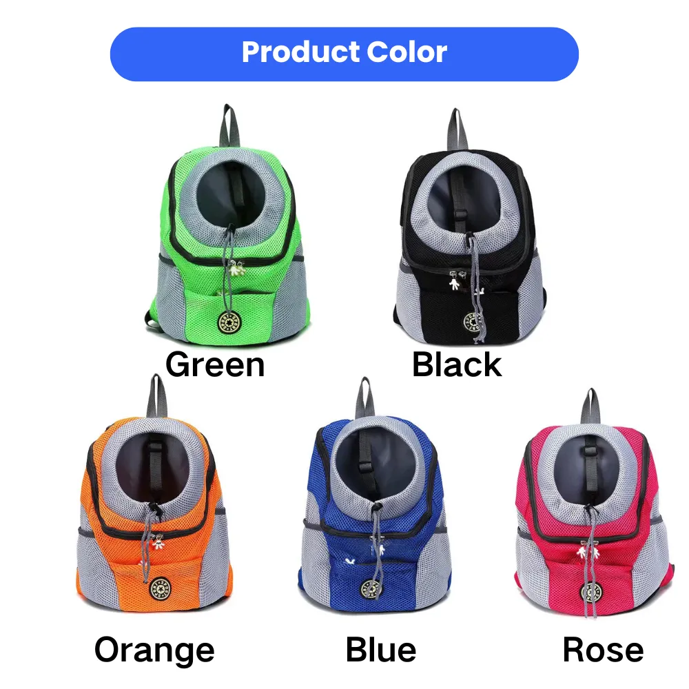 A collection of pet backpack carriers in five colors: Green, Black, Orange, Blue, and Rose.