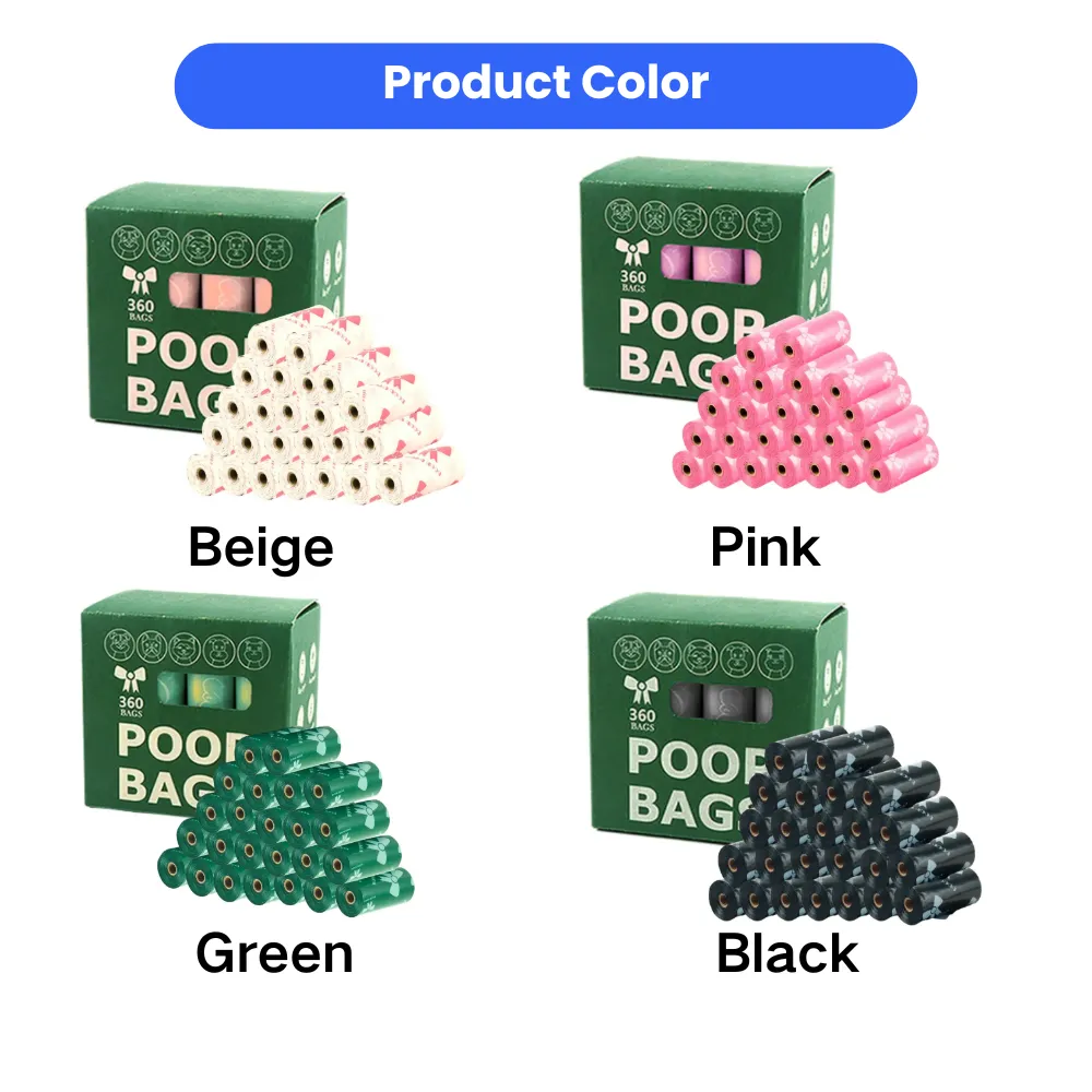 Four color options for wholesale dog poop bags: Beige, Pink, Green, and Black.
