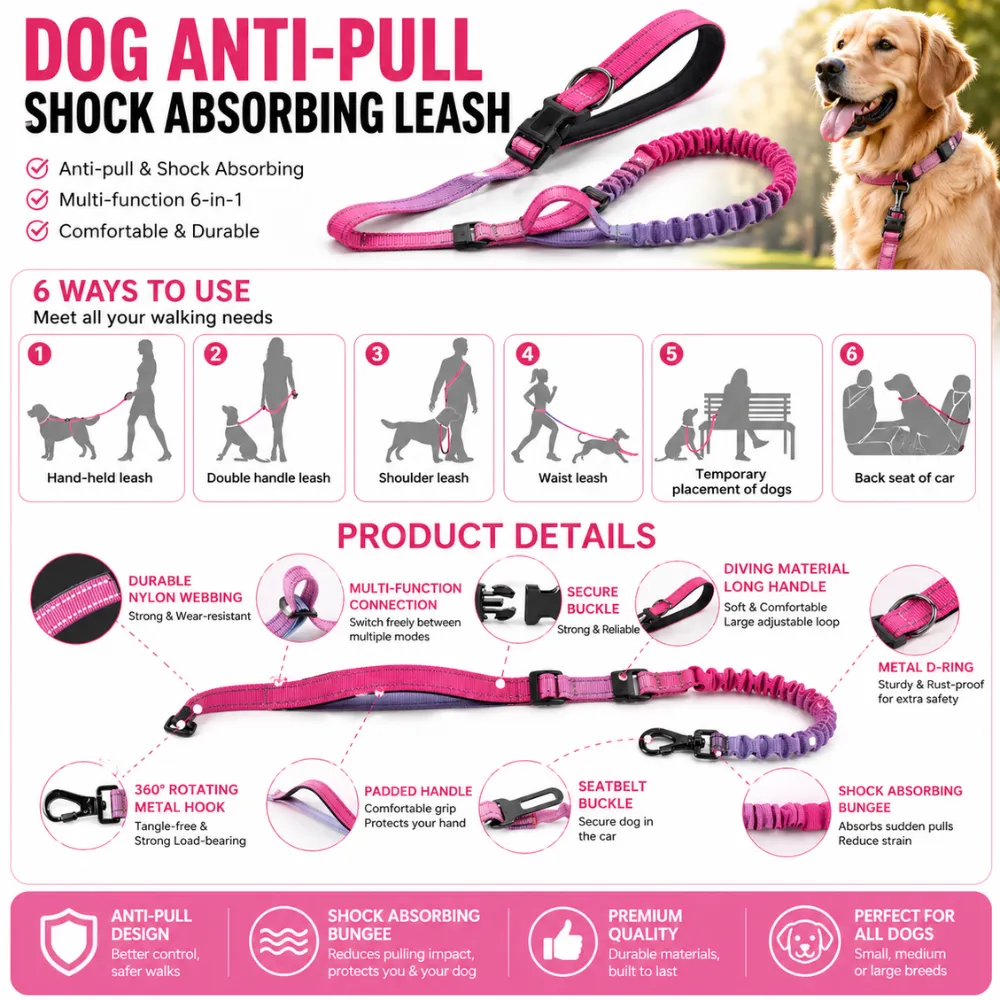 Infographic showing 6 ways to use the dog leash, including waist leash, shoulder leash, and car seatbelt mode.
