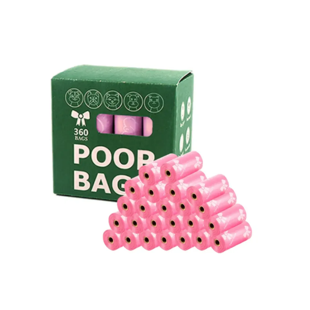 24 rolls of pink pet poop bags featuring a white bowknot pattern for bulk distribution.