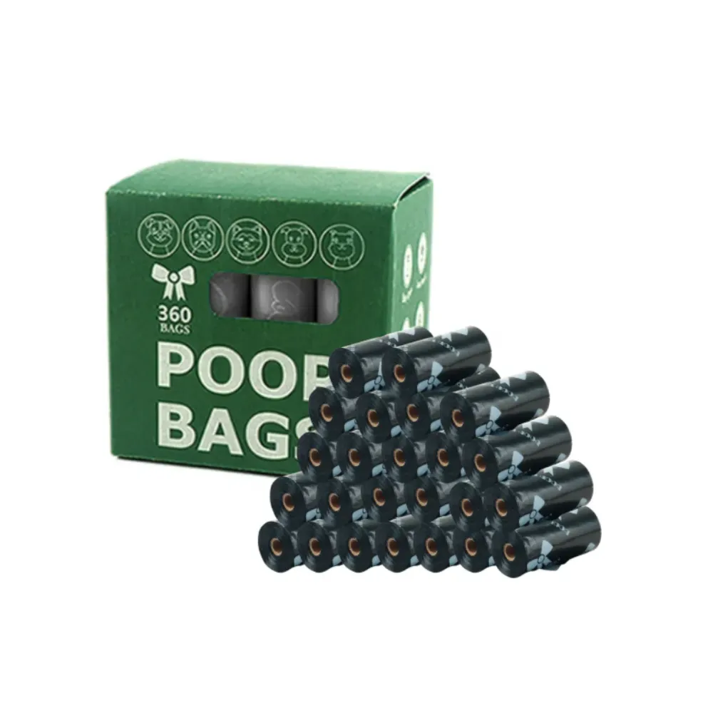 Professional black pet waste bags with a white bowknot pattern in a 360-count bulk box.