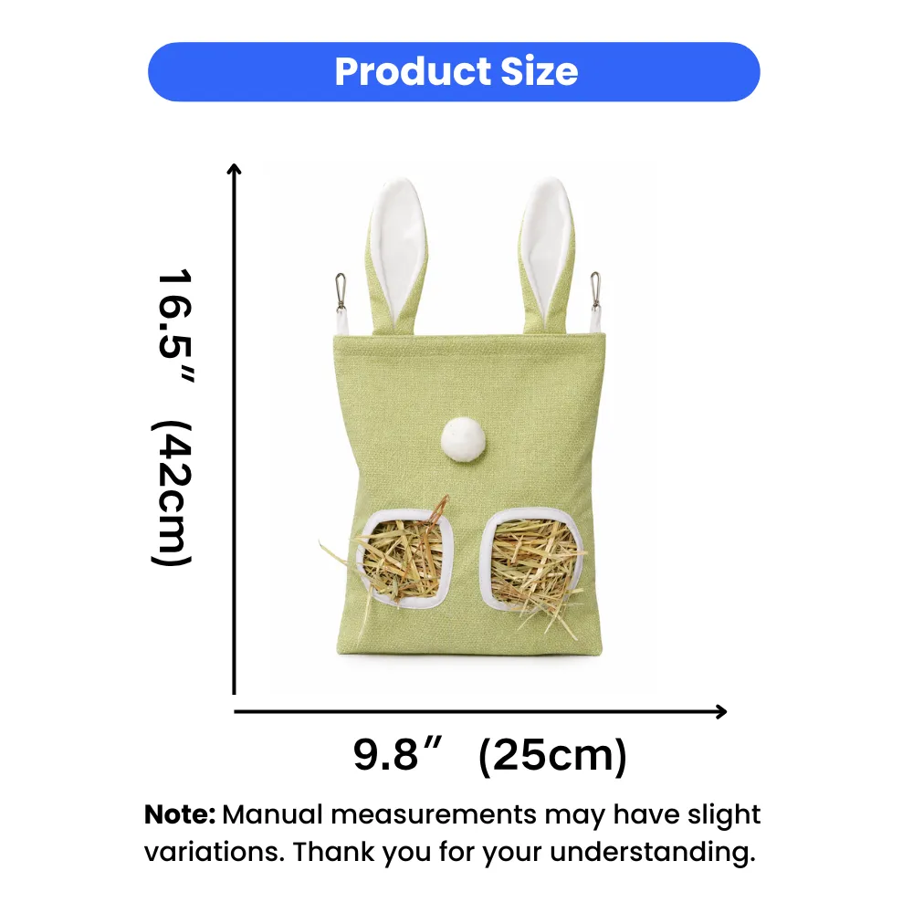 Dimension chart showing the rabbit hay bag is 16.5 inches (42cm) in height including ears and 9.8 inches (25cm) in width.