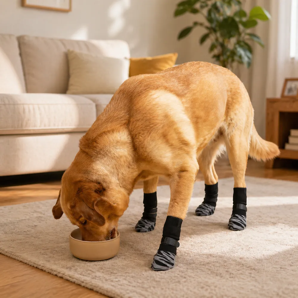 A dog wearing grey striped traction socks while eating from a bowl on a rug to prevent sliding.