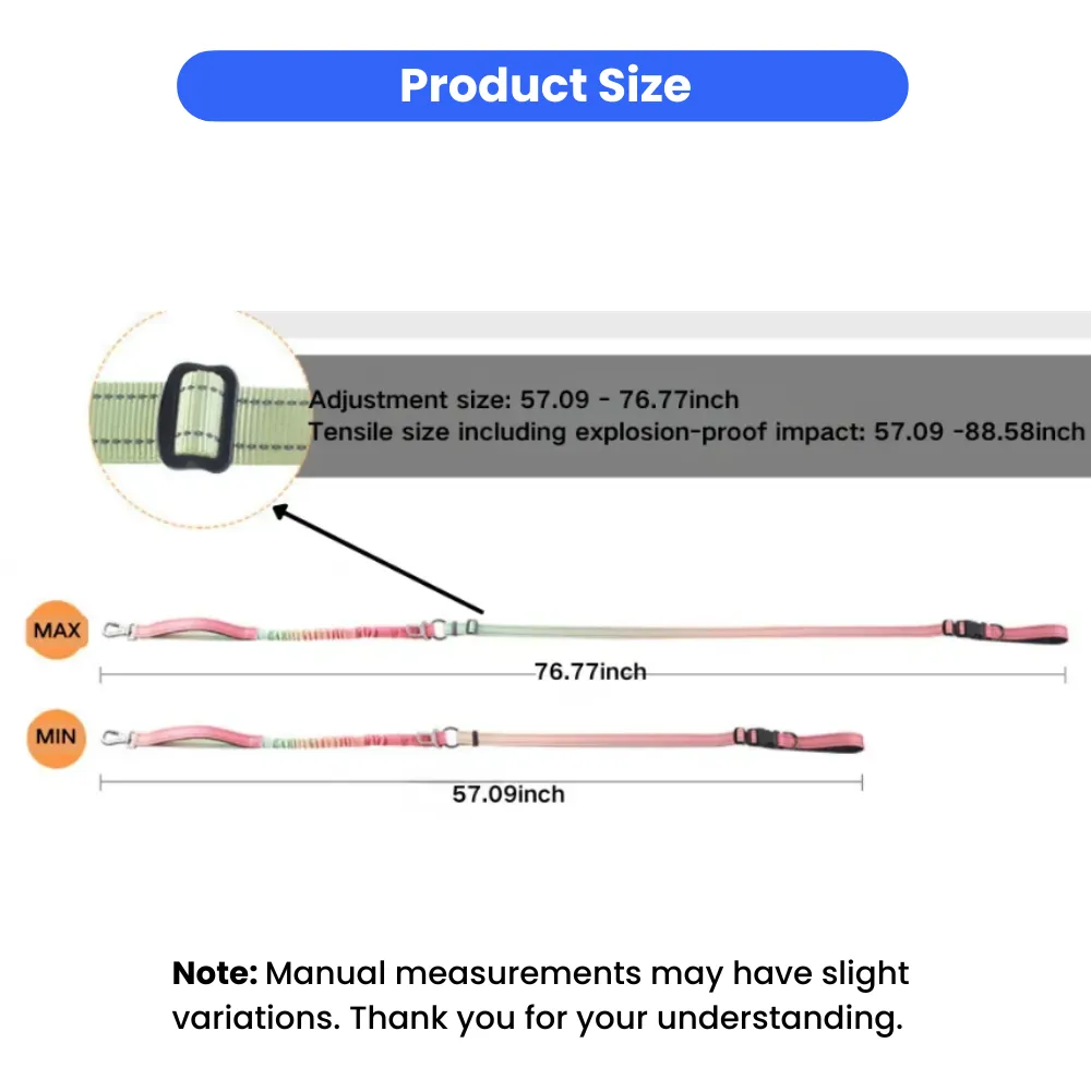 Size chart showing the adjustable length of the dog leash from 57.09 to 76.77 inches.