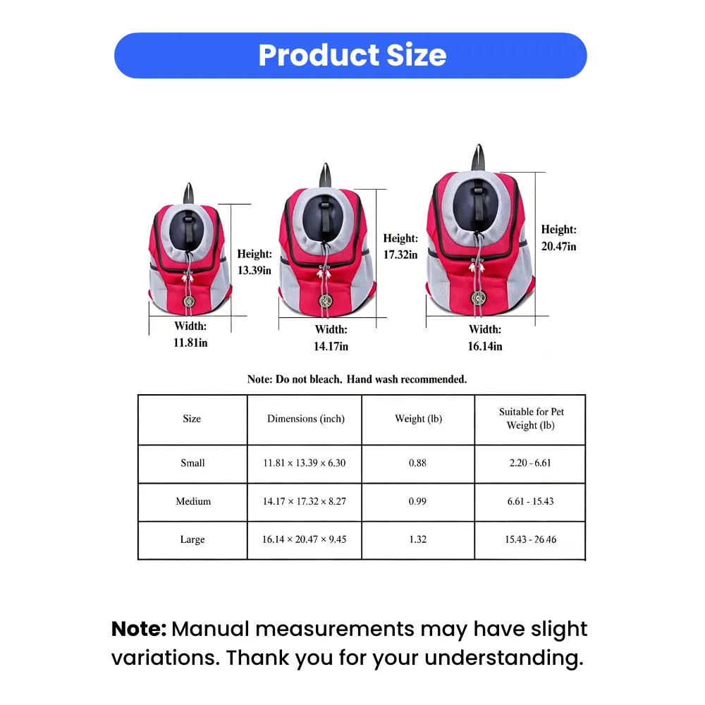 Detailed size chart for small, medium, and large pet backpacks showing height, width, and weight capacity.