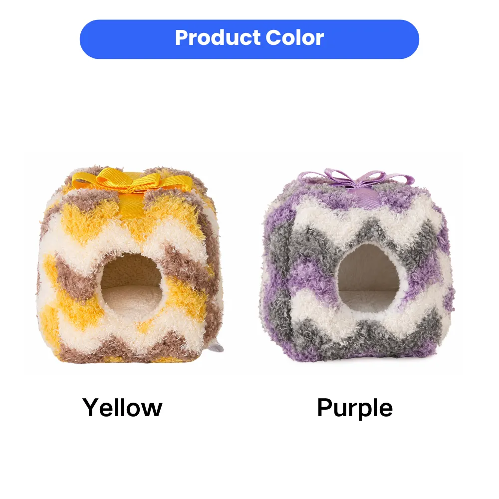 Two small animal plush beds shown in yellow and purple chevron patterns with decorative ribbons.