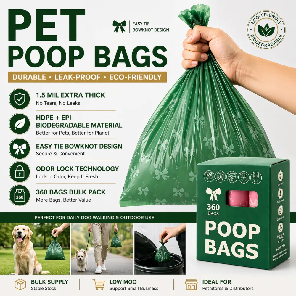 Infographic highlighting 1.5 mil thickness, HDPE+EPI biodegradable material, and odor lock technology.