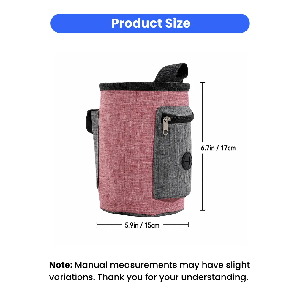Product dimensions for the pet training bag showing a height of 6.7 inches (17cm) and width of 5.9 inches (15cm).