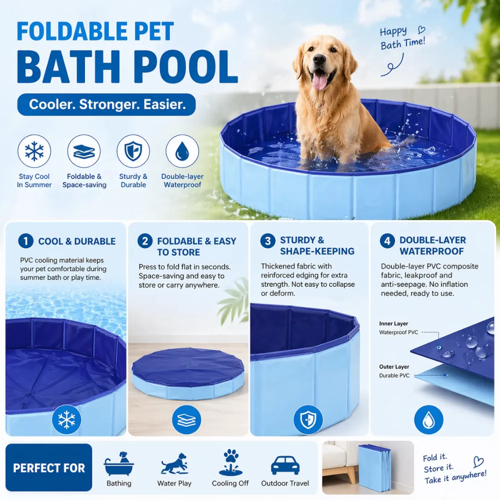 Infographic highlighting pet pool features including double-layer waterproof PVC, sturdy shape-keeping, and space-saving storage.