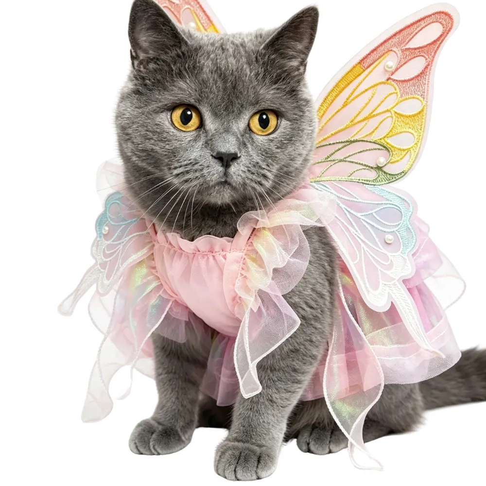 princess-fairy-cat-dress-butterfly-wings-pink A grey British Shorthair cat wearing a pink princess fairy dress with large embroidered butterfly wings and pearl accents.