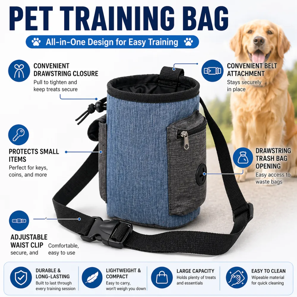 Infographic highlighting drawstring closure, belt attachment, waste bag dispenser, and adjustable waist clip on a pet training bag.
