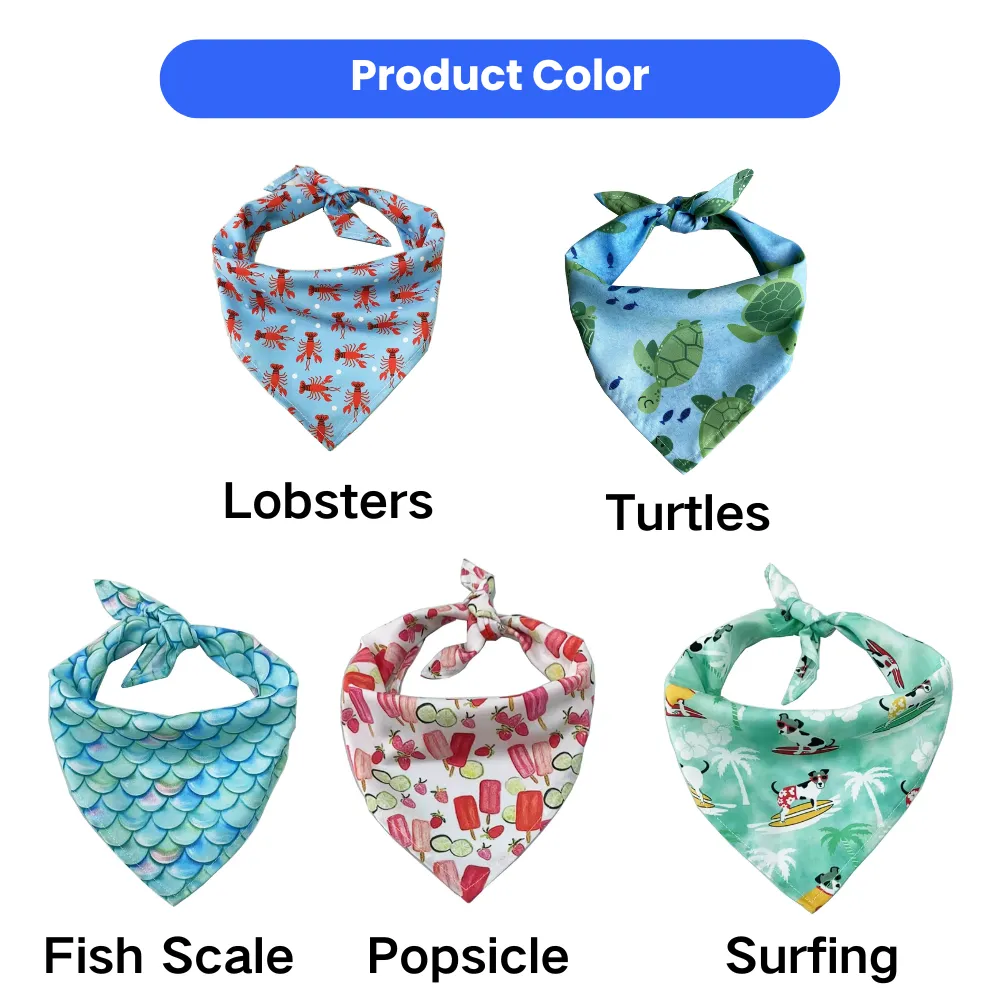 A grid showing five different dog bandana designs: Lobsters, Turtles, Fish Scale, Popsicle, and Surfing.