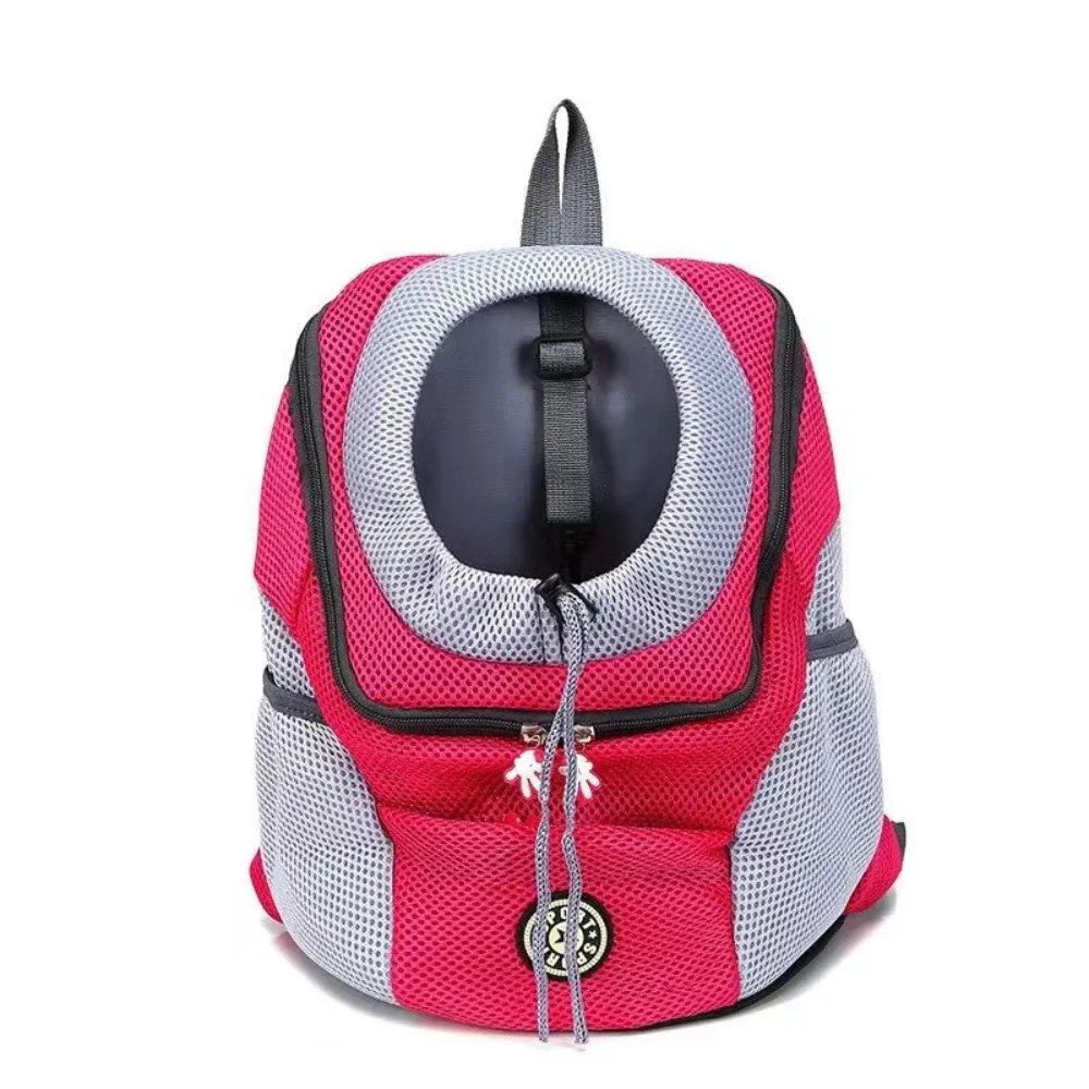 Front view of a rose pink and grey mesh pet carrier with a built-in safety strap inside.