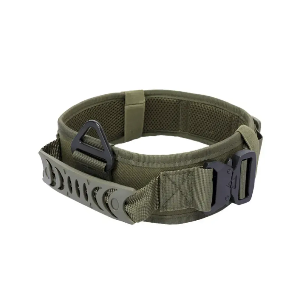 Army green tactical dog collar with a professional metal quick-release buckle and breathable inner padding.