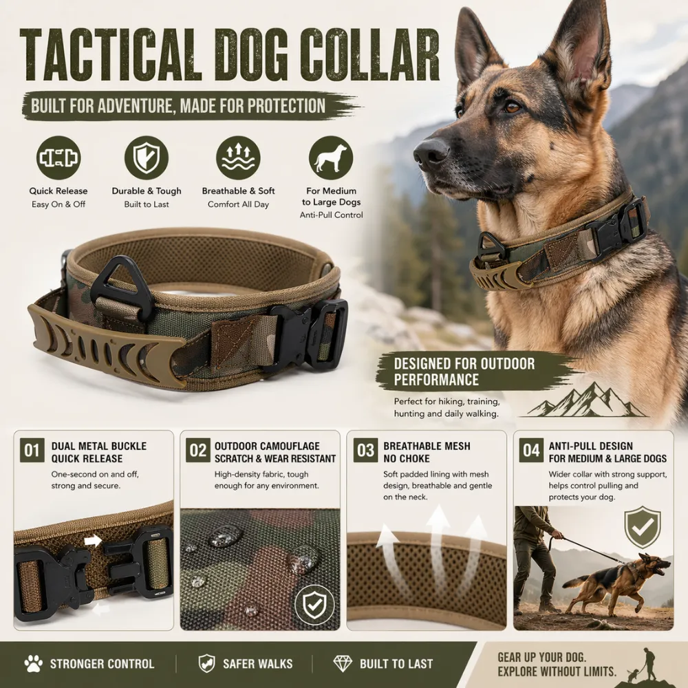 Infographic highlighting features: quick release metal buckle, scratch-resistant fabric, breathable mesh, and anti-pull design.