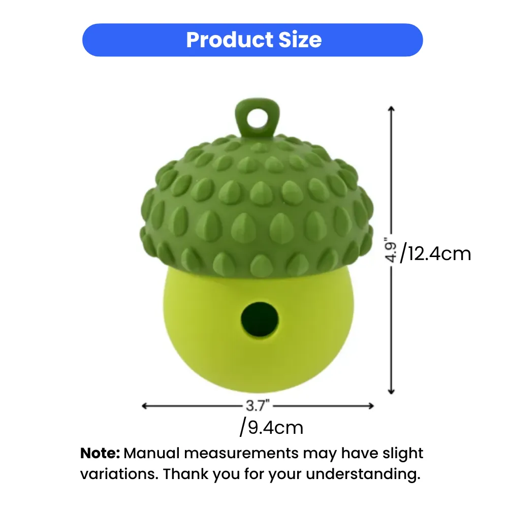 Dimensional diagram of the silicone dog toy showing a height of 4.9 inches (12.4cm) and a width of 3.7 inches (9.4cm).