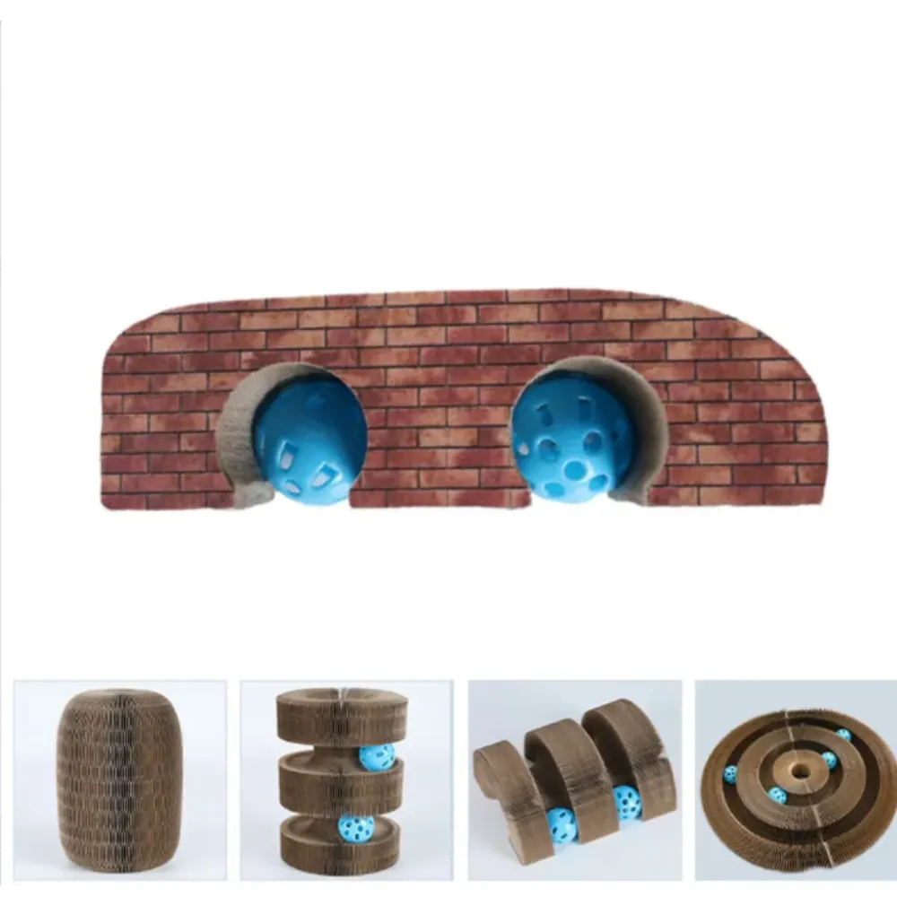 Bridge shape honeycomb cardboard cat tunnel scratcher toy with dual rolling bell balls for indoor cat enrichment