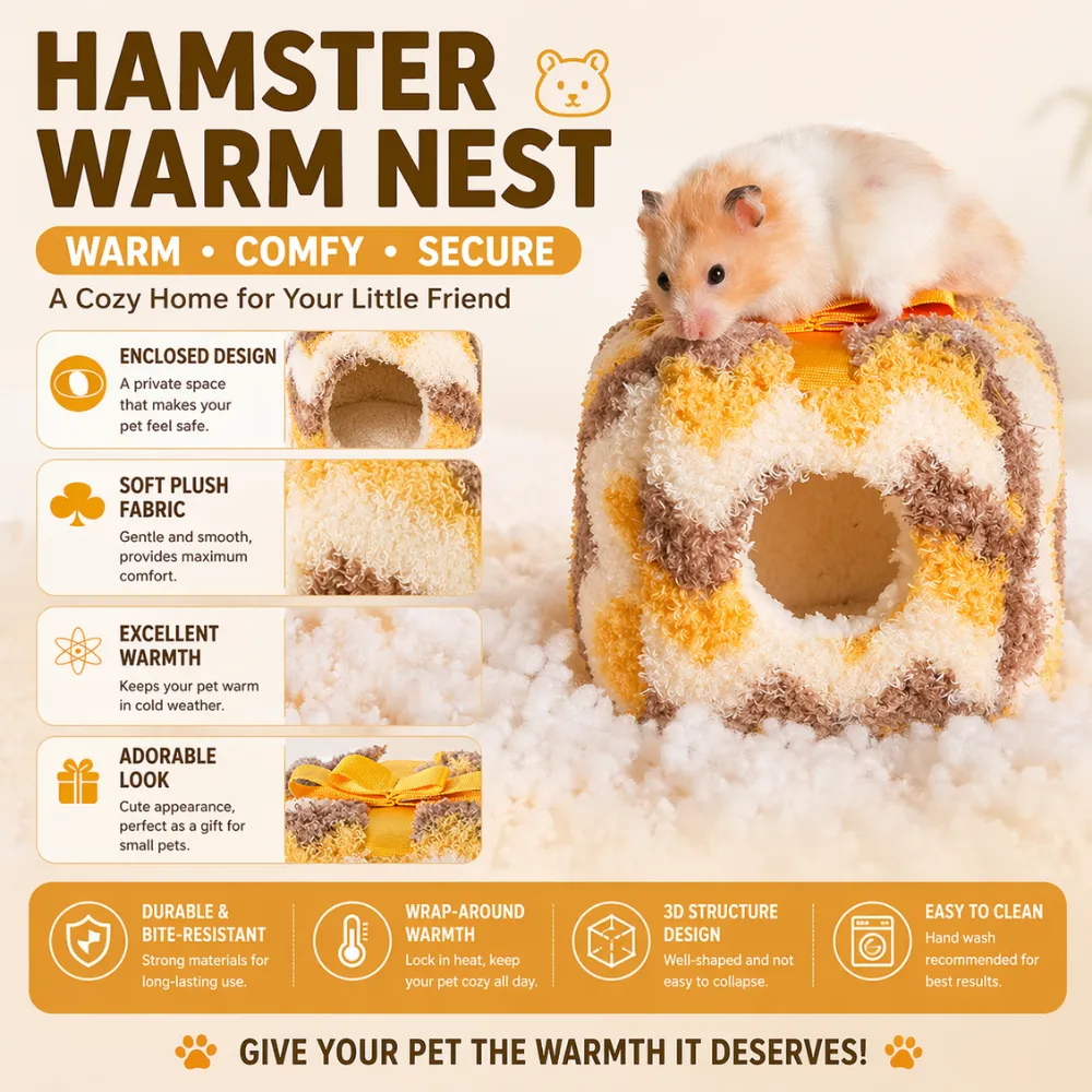Infographic highlighting features: enclosed design, soft plush fabric, excellent warmth, and bite-resistant material.