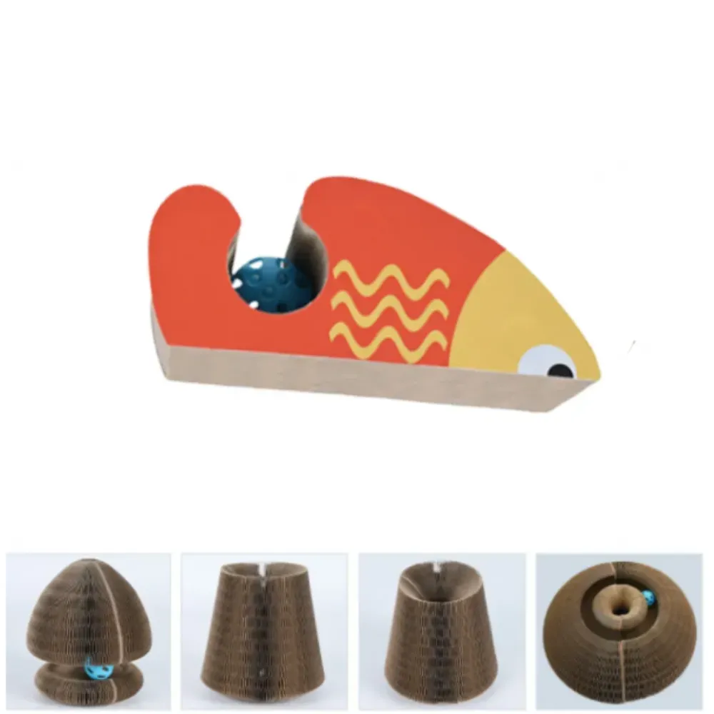 Fish shaped interactive cardboard cat scratcher toy with built in bell ball durable corrugated cat toy wholesale