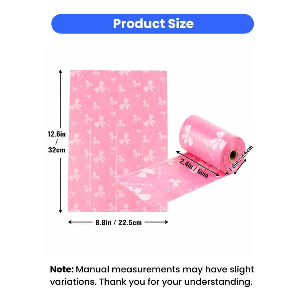 Technical drawing showing pet poop bag size 12.6x8.8 inches and roll size 2.4x1.0 inches.