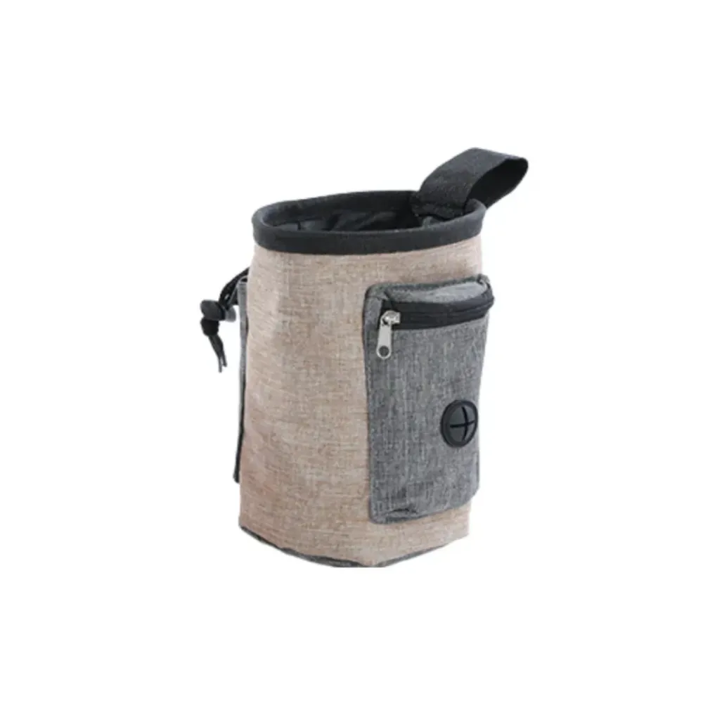 Front view of a brown pet training pouch with a convenient drawstring top and sturdy belt loop.