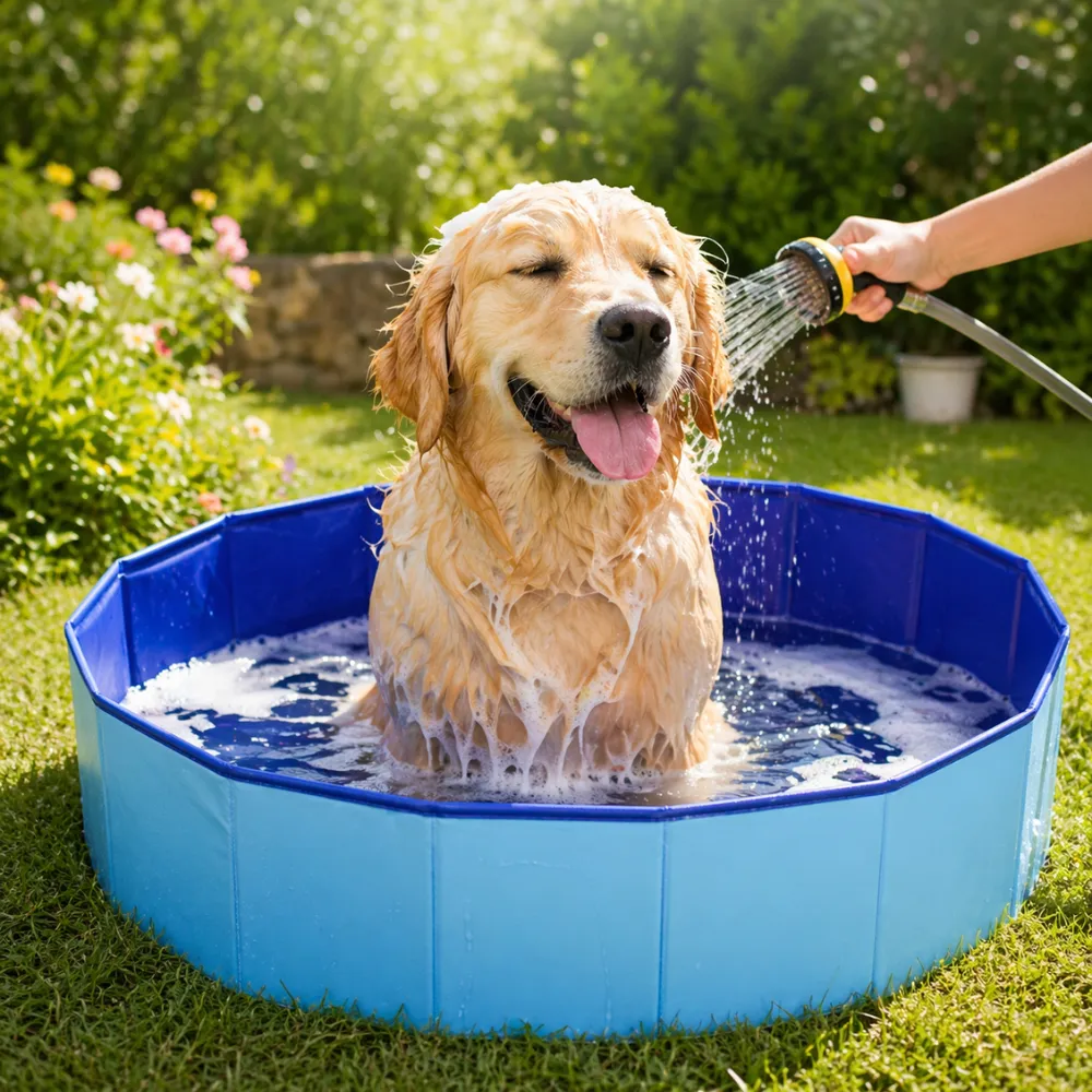 A happy Golden Retriever being washed with a hose inside a blue portable pet bathing tub in a garden.
