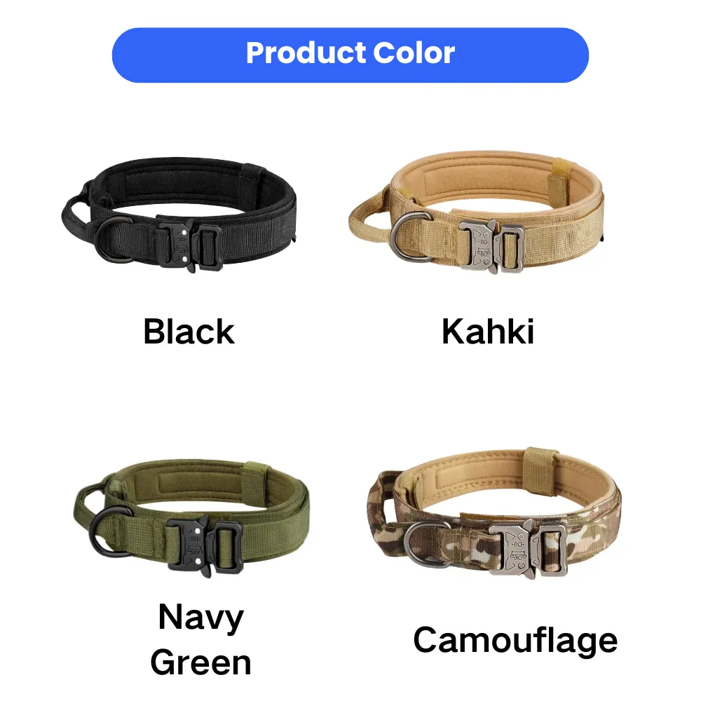Product grid showing four tactical dog collar colors: Black, Khaki, Navy Green, and Camouflage.