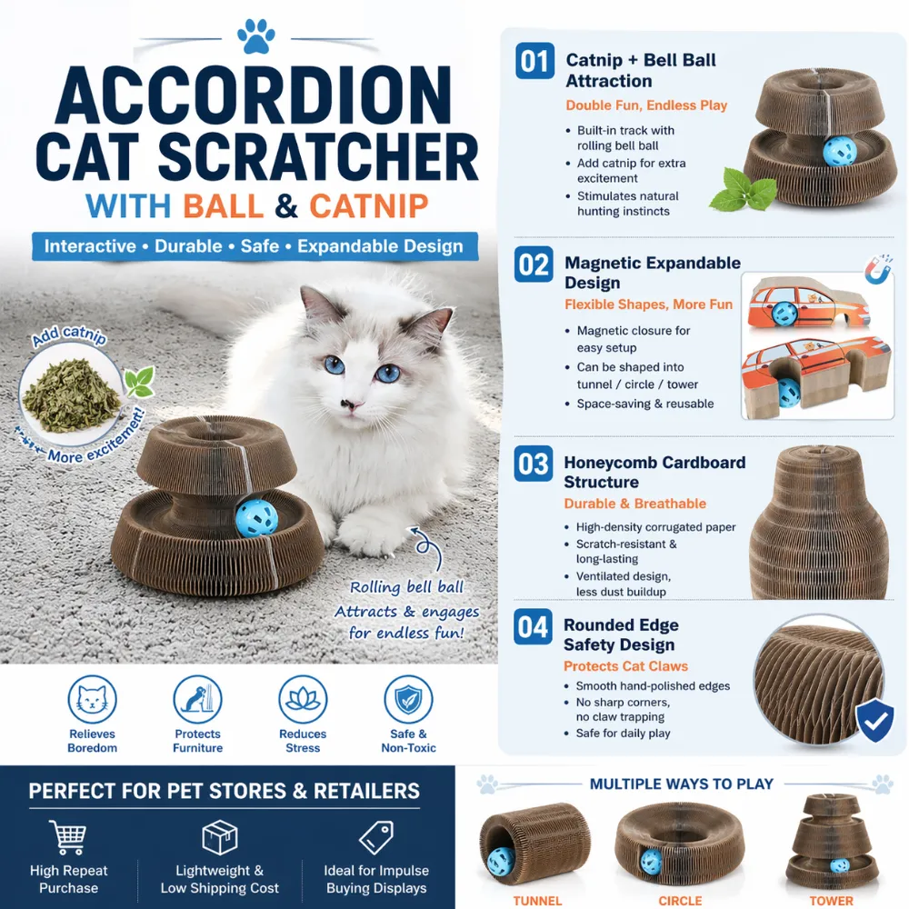 Accordion honeycomb cardboard cat scratcher with bell ball catnip magnetic design durable interactive cat toy wholesale