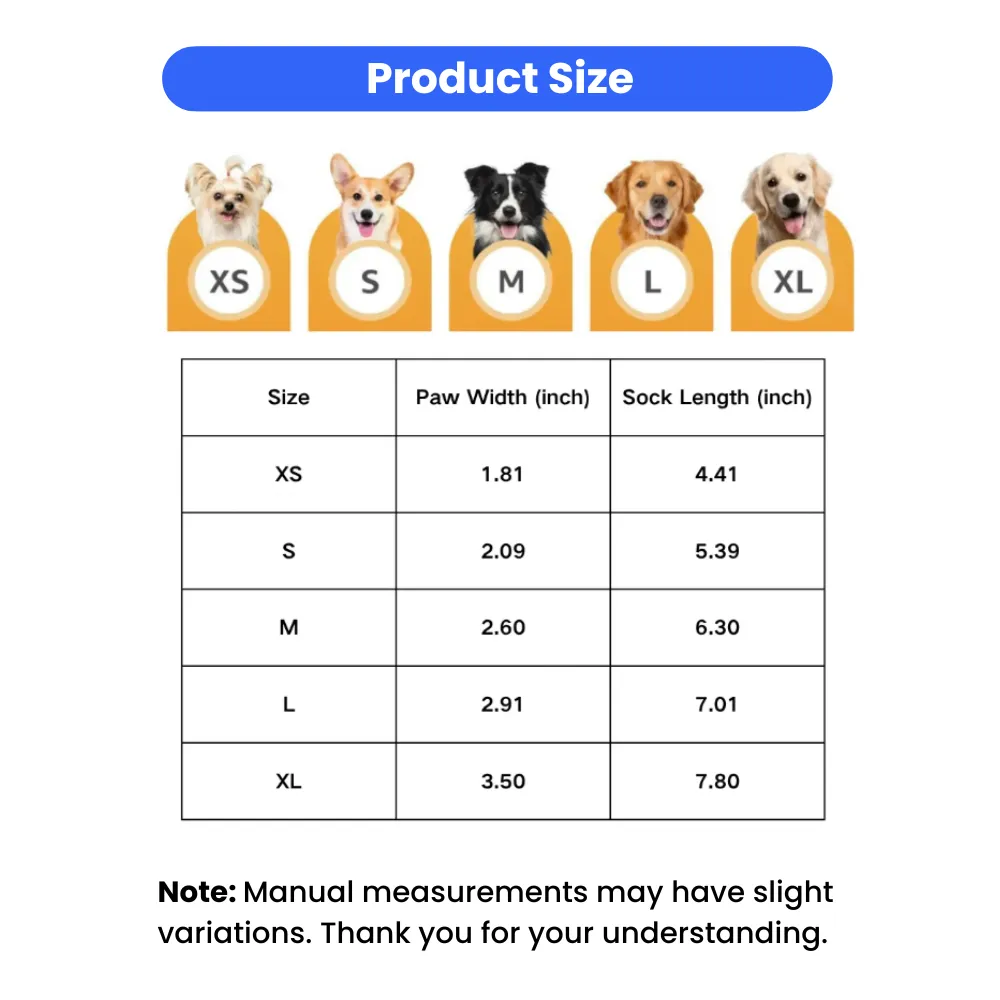 Comprehensive size guide for dog socks ranging from XS to XL with paw width and sock length measurements in inches.