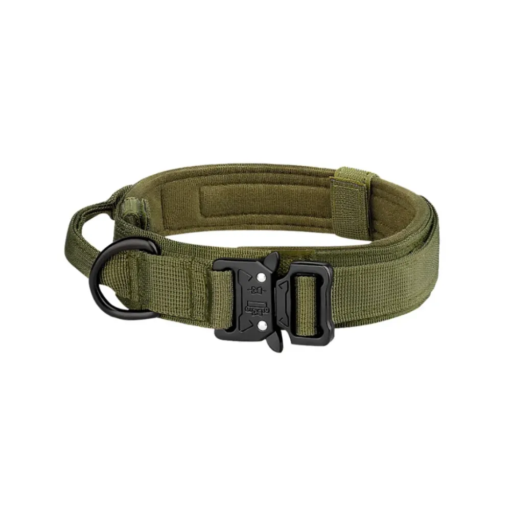 A navy green tactical dog collar showing the heavy-duty zinc alloy D-ring and adjustable Velcro strap.