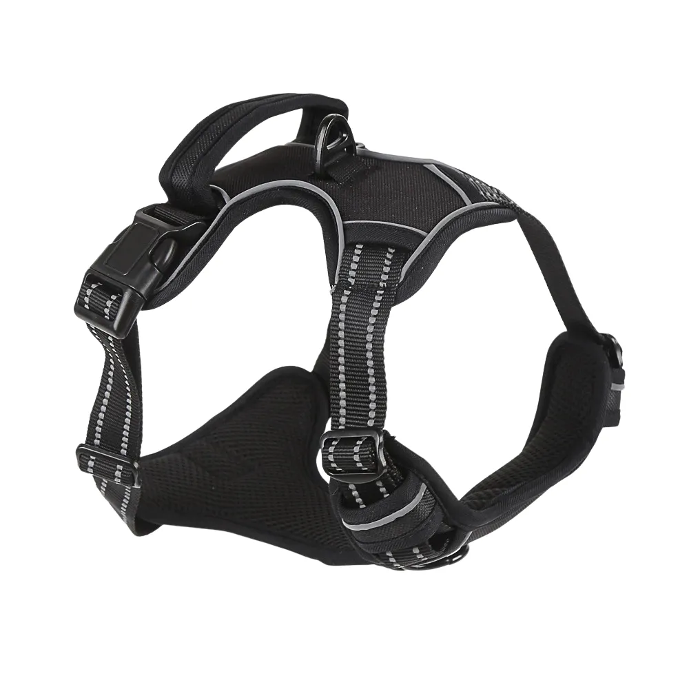 A black reflective dog harness featuring rust-resistant hardware and soft padded chest plate.