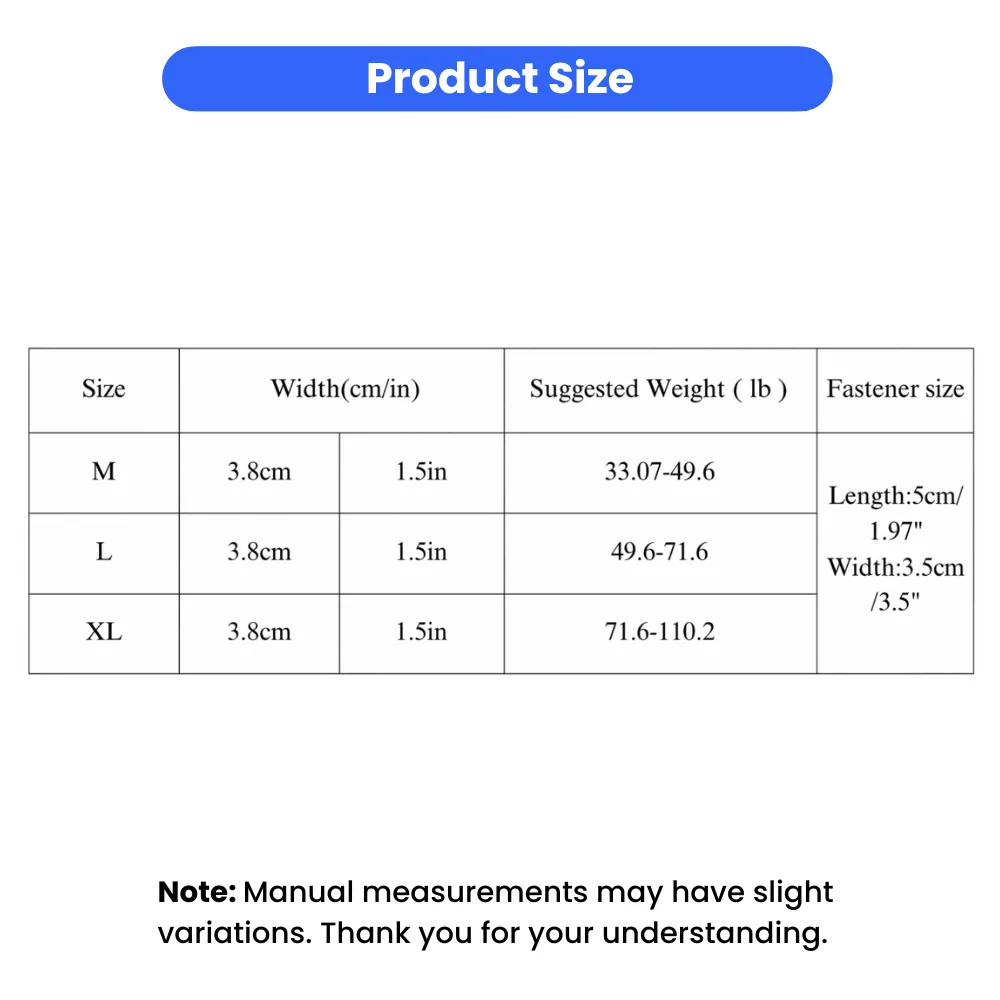 A size chart table for tactical dog collars listing Medium, Large, and XL sizes with suggested weight in pounds and width in inches.