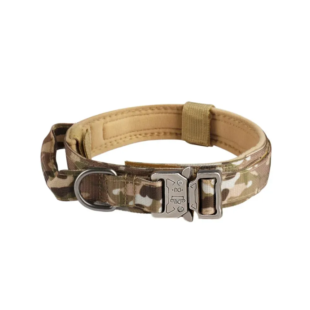 A multi-terrain camouflage tactical dog collar with a quick-release metal buckle and breathable cotton lining.