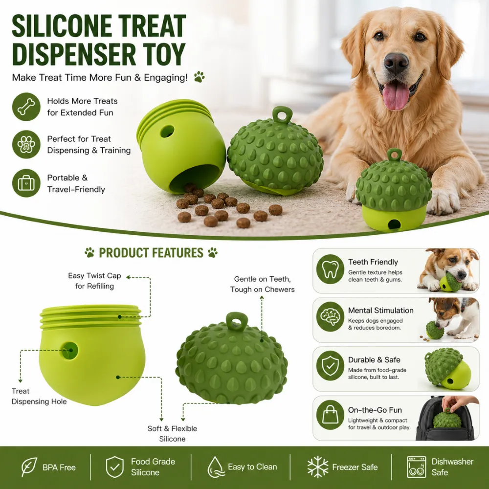 Infographic showing a green silicone acorn treat dispenser toy for dogs with features like BPA-free, food-grade material, and dishwasher safe.