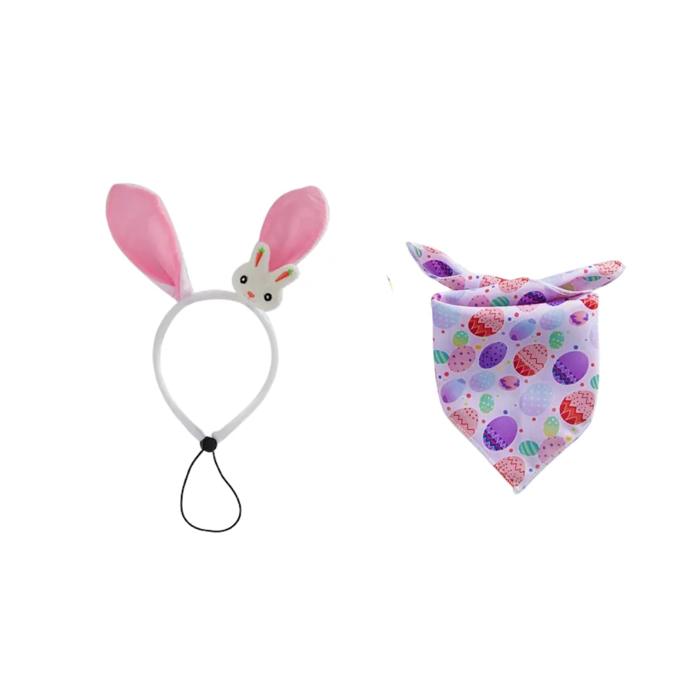 A two-piece Easter dog set featuring a pink egg-print bandana and a white plush bunny ear headband with a rabbit charm.