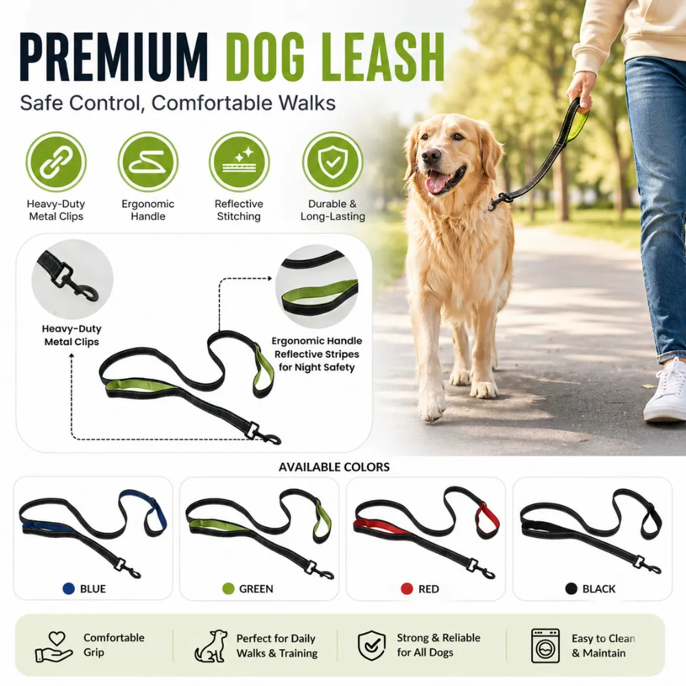 Infographic highlighting features: heavy-duty metal clips, ergonomic handles, reflective stitching, and durability for all dog sizes.