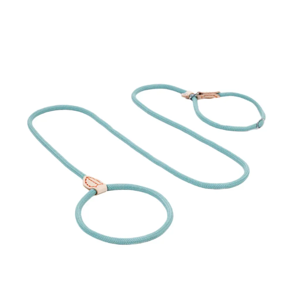 Turquoise high-density PP rope slip lead with genuine leather stoppers on a white background.
