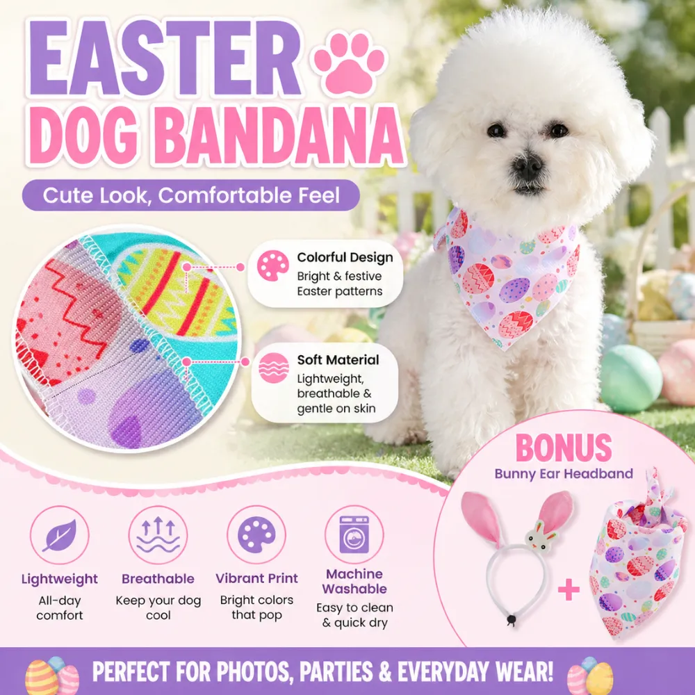 Infographic highlighting features of the Easter dog bandana including lightweight material, breathable fabric, vibrant print, and machine washable.
