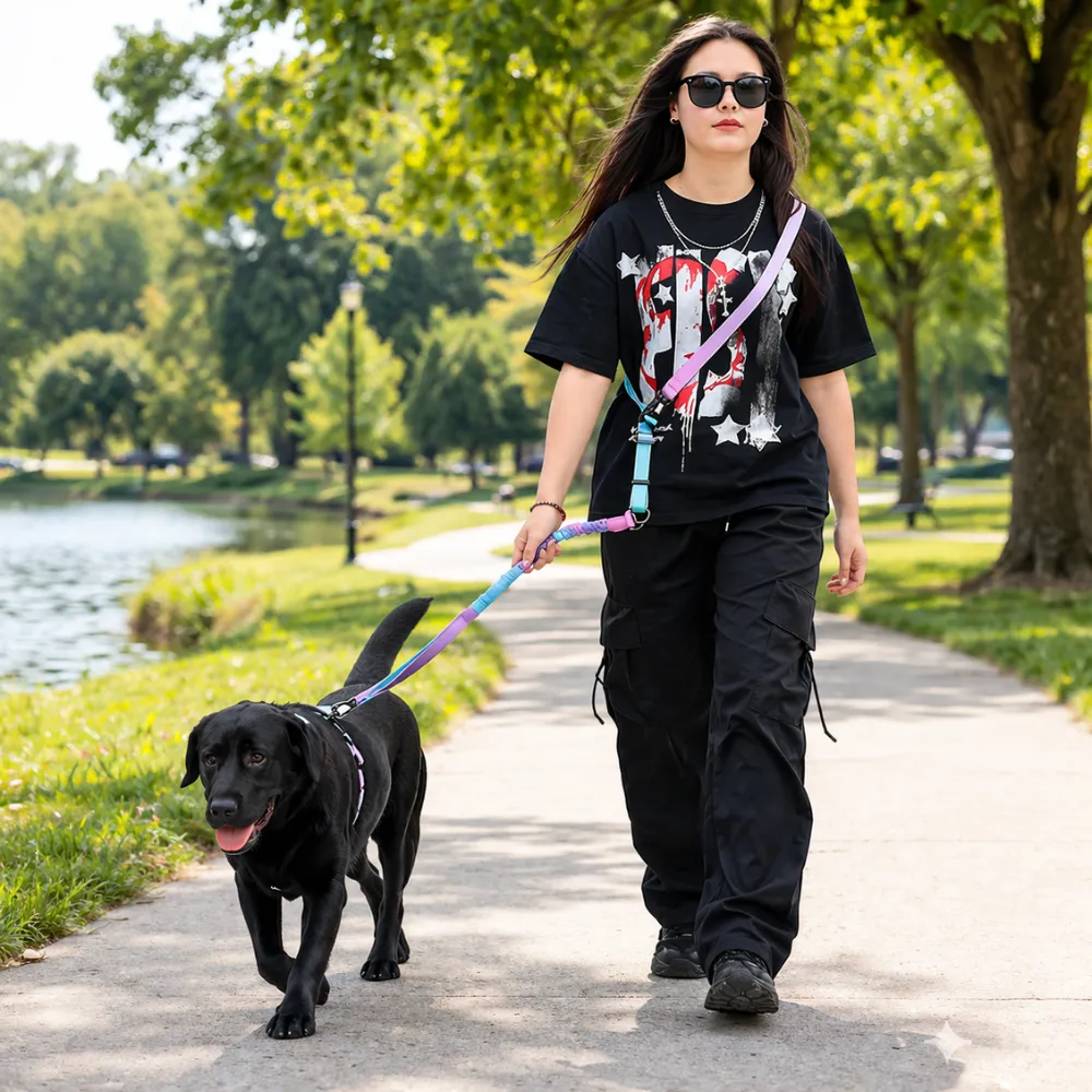 A woman using the blue-pink gradient leash in cross-body mode while walking a black Labrador in a park.