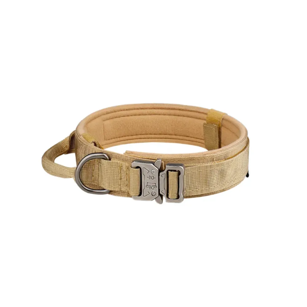 Professional view of a tan khaki tactical dog collar with soft inner padding and a silver-tone metal buckle.