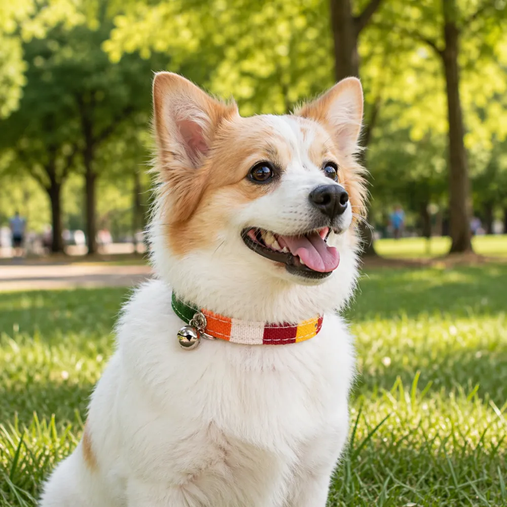 A small dog wearing a colorful bell collar sitting in a sunny park.