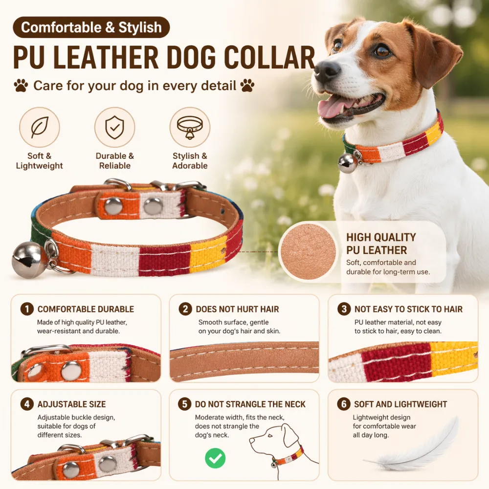 Infographic showing the 6 key benefits of the PU leather dog collar: comfortable, durable, and hair-friendly.