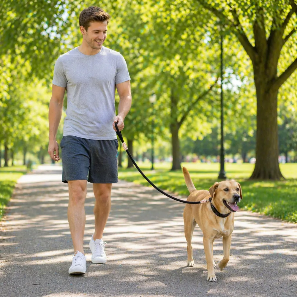 A man walking a Labrador retriever in a park using a heavy-duty black rope slip lead.