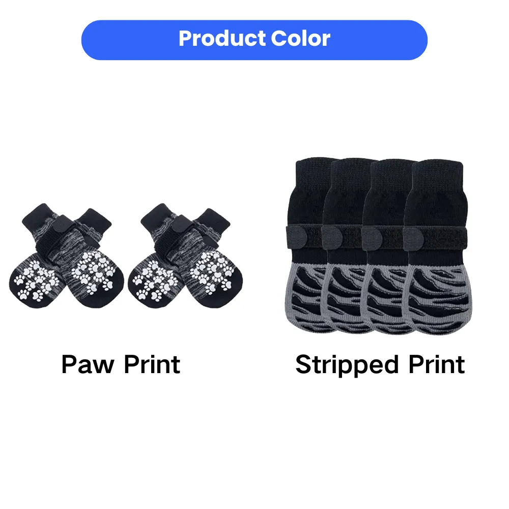 Comparison of two dog sock styles: Paw Print pattern and Stripped Print pattern with adjustable straps.