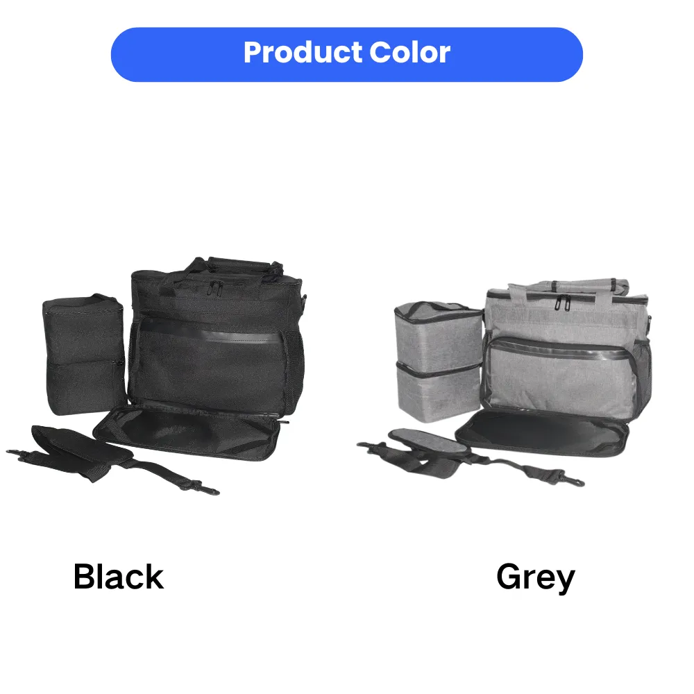 Two pet travel carrier sets shown side-by-side in black and grey colors with matching accessories.