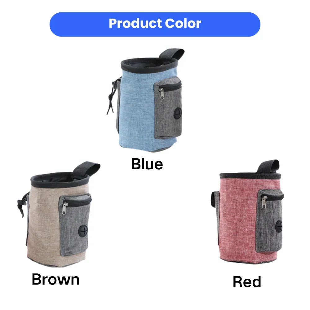 Three pet treat pouches in blue, brown, and red with adjustable waist straps and waste bag dispensers.